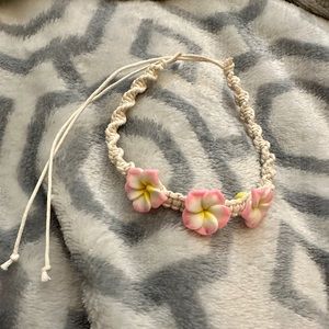 Handmade Hemp Twist Cord Bracelet/Anklet with Plumeria Flowers